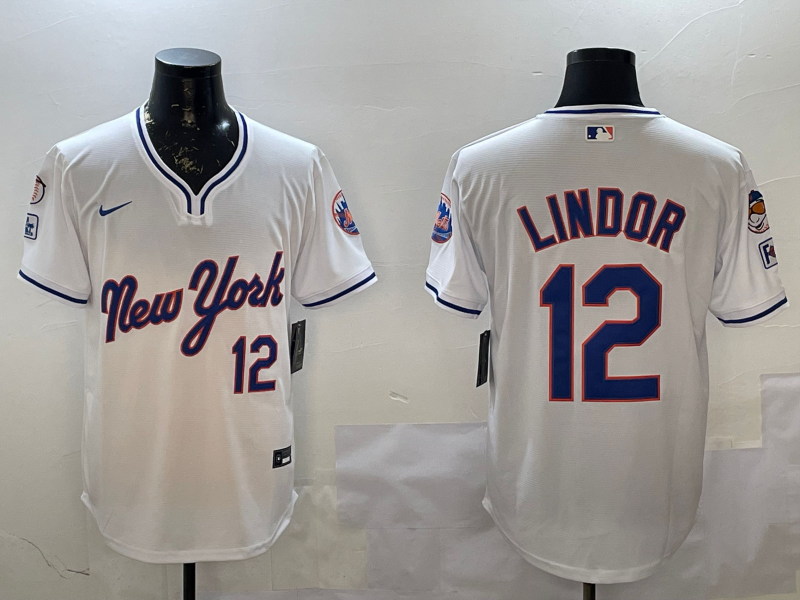 Men's New York Mets1 Francisco Lindor #12 White Replica Player Jersey