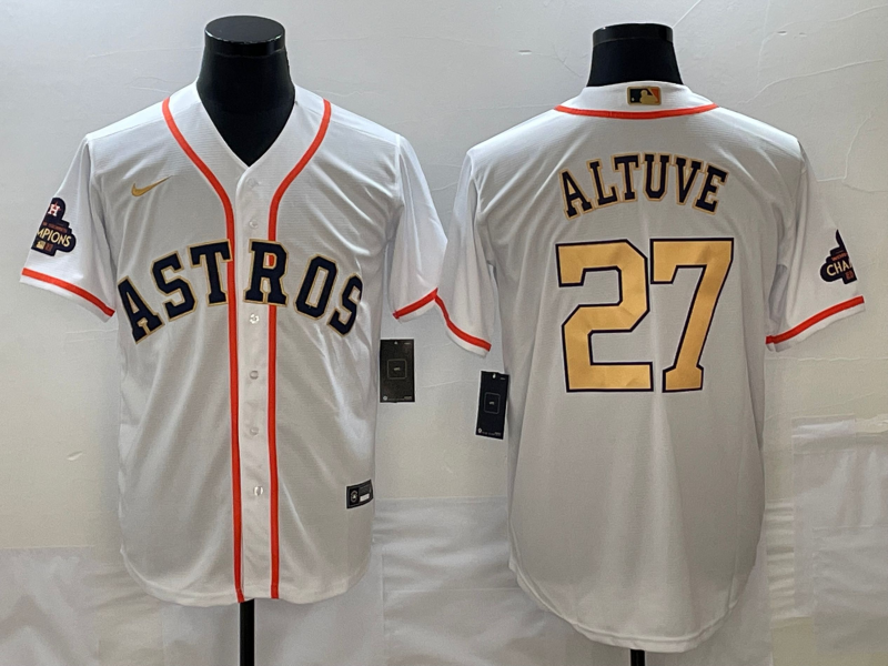 Men's Houston Astros Jose Altuve White/Gold 2023 Gold Collection Replica Player Jersey1