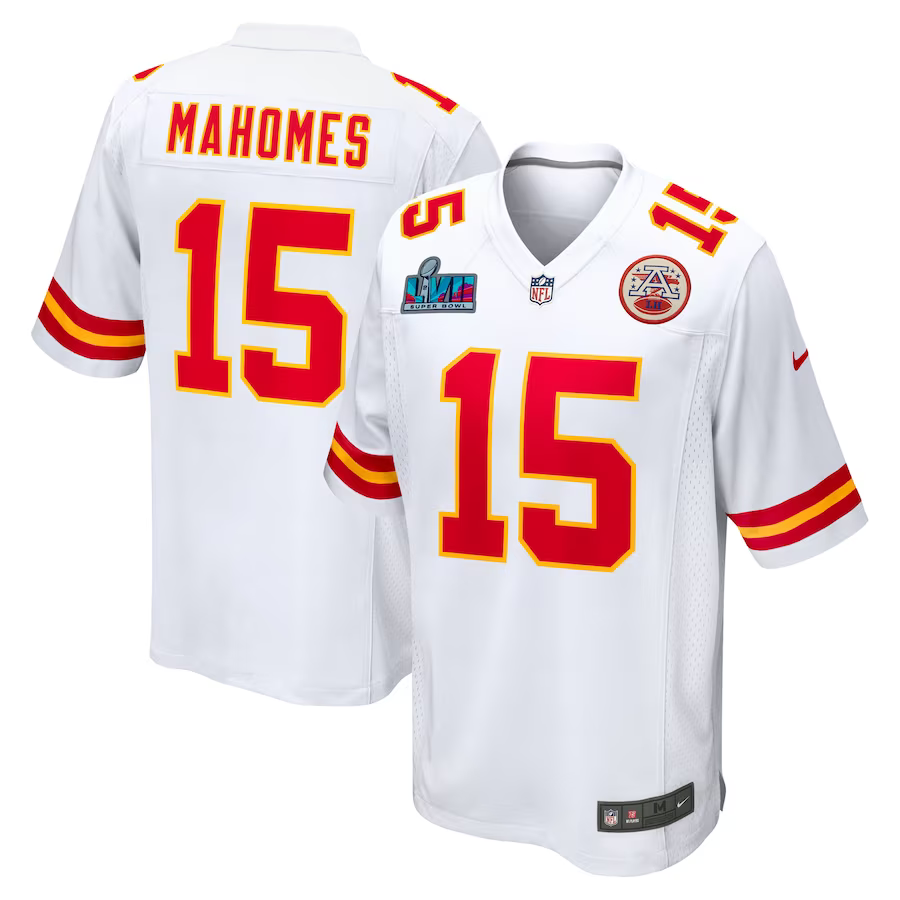 Men's Kansas City Chiefs Patrick Mahomes White Super Bowl LVII Patch Away Game Jersey
