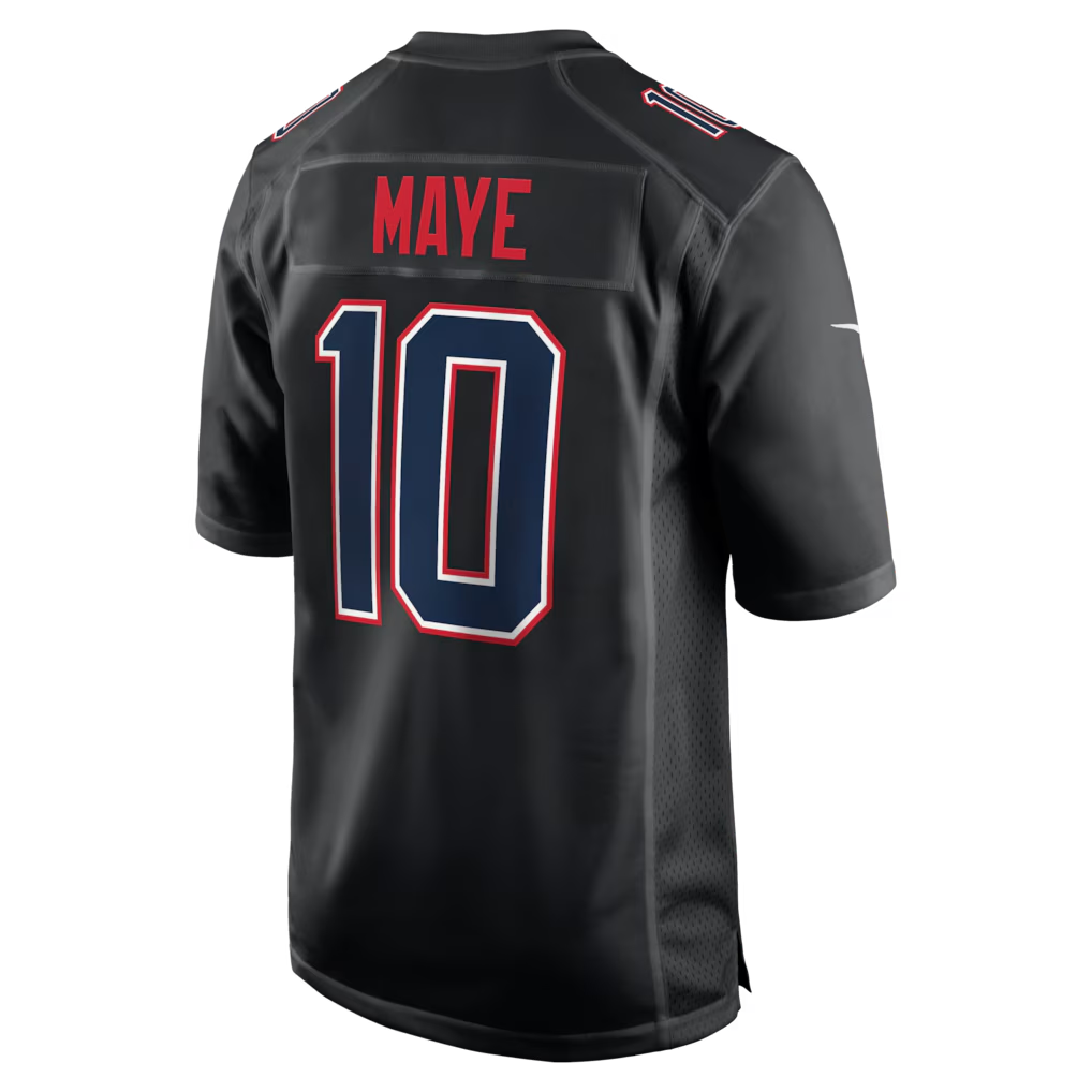 Men's New England Patriots Drake Maye Black Super Bowl LX Patch Carbon Fashion Game Jersey
