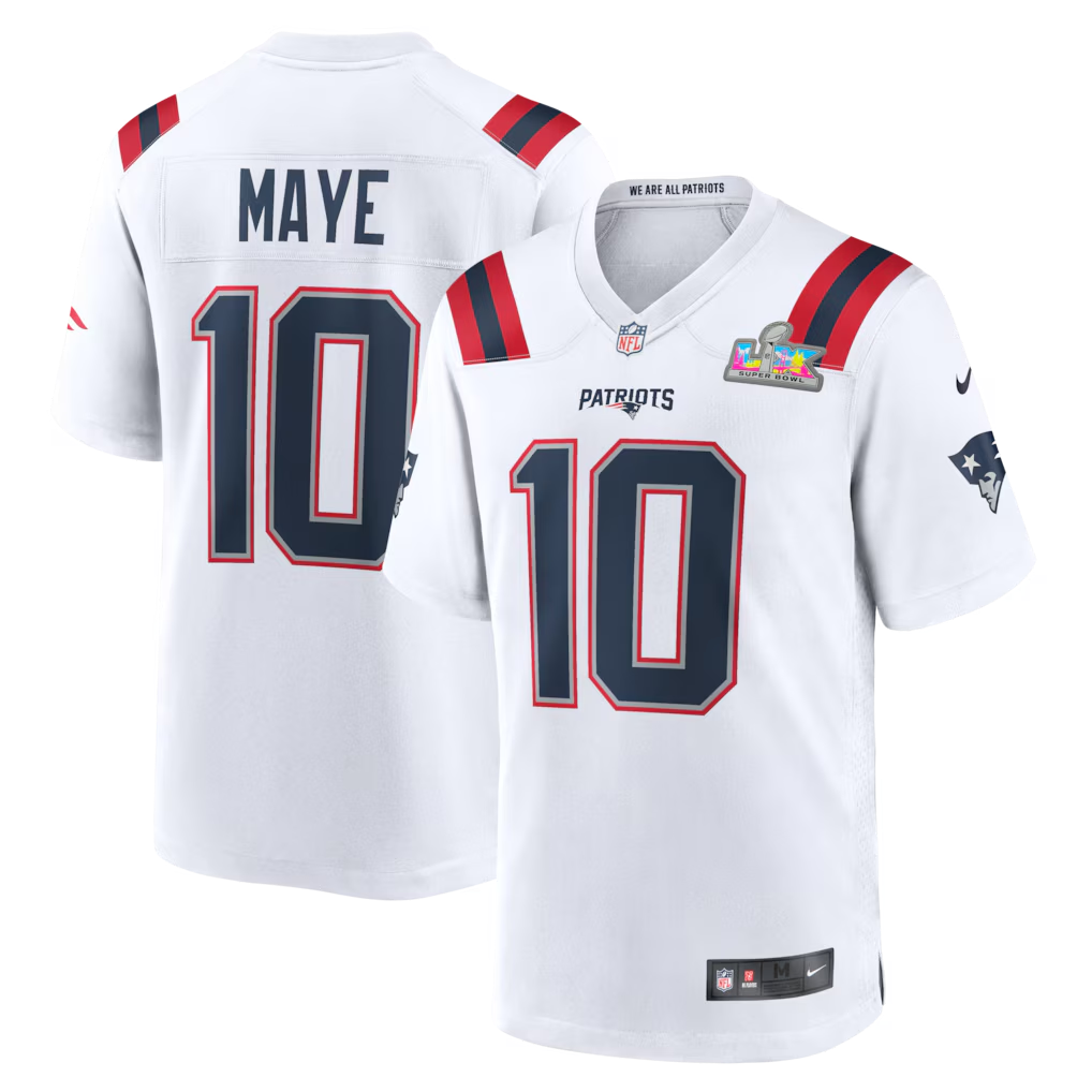 Men's New England Patriots Drake Maye White Super Bowl LX Patch Game Jersey