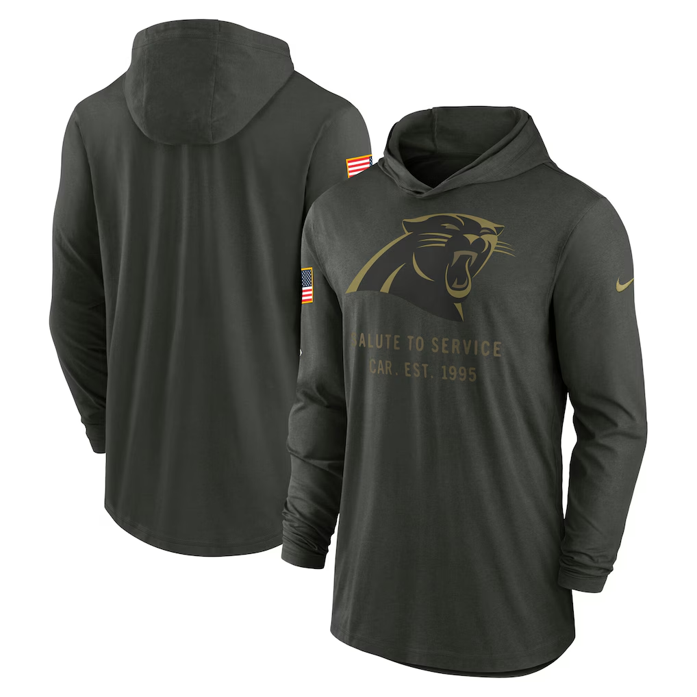 Men's Carolina Panthers Forest Green 2025 Salute to Service Sideline Dri-FIT Lightweight Hooded Pullover