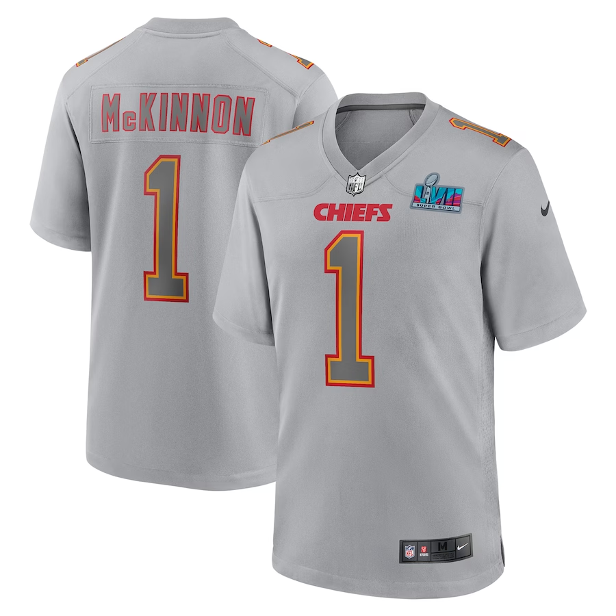 Men's Kansas City Chiefs Jerick McKinnon Gray Super Bowl LVII Patch Atmosphere Fashion Game Jersey