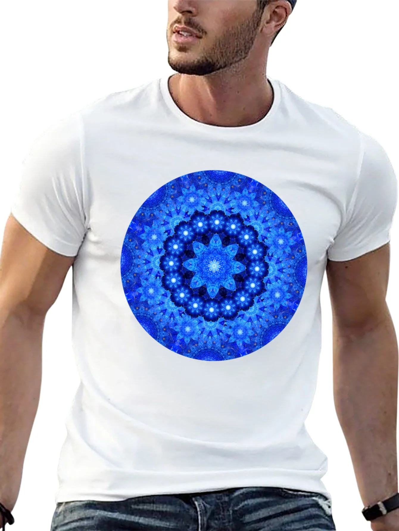 Blue Mandala Graphic Print Black T-Shirt