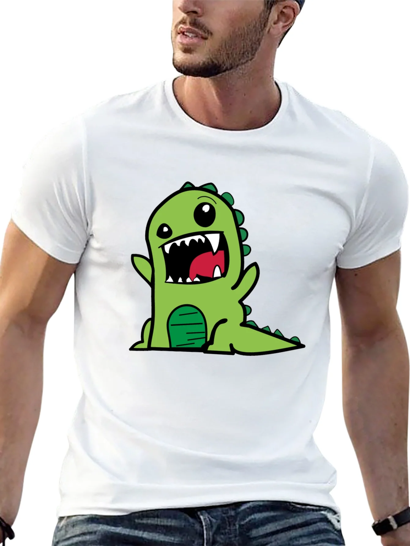 Cartoon Dino Graphic Tee - Black Cotton T-Shirt