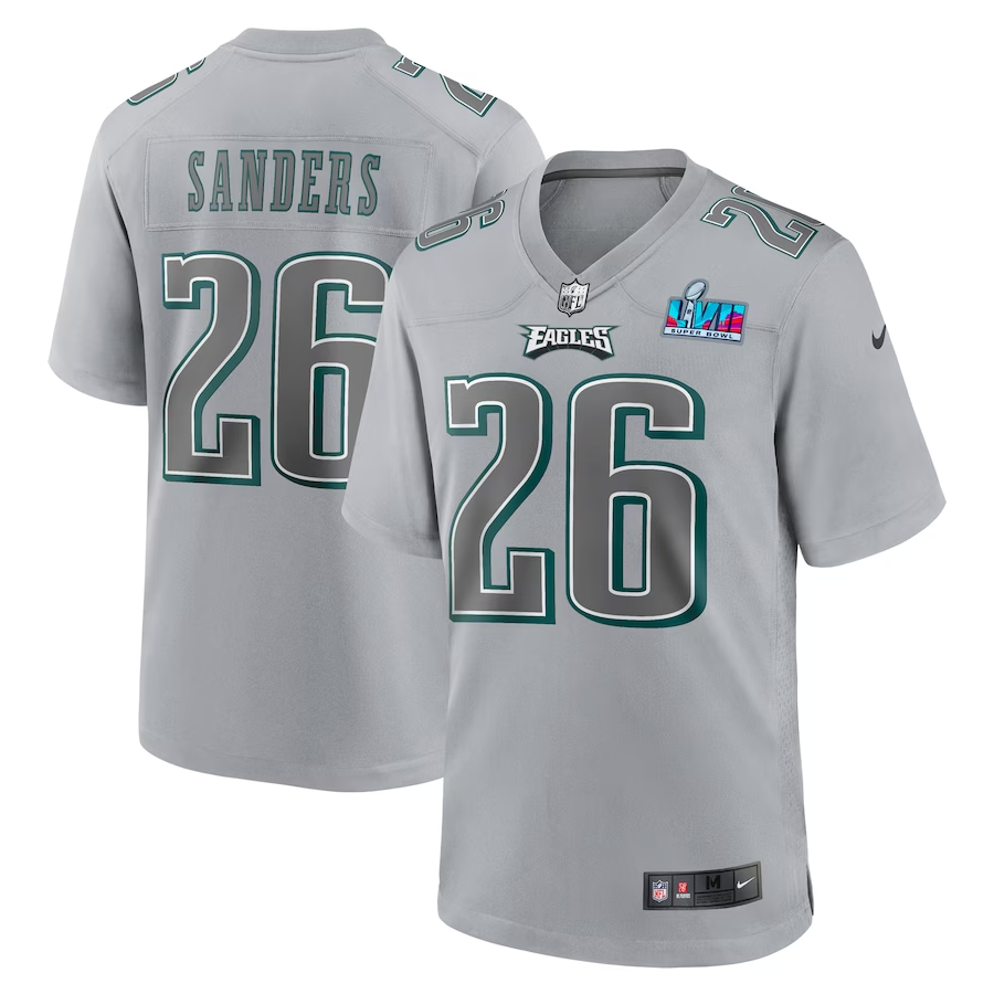 Men's Philadelphia Eagles Miles Sanders Gray Super Bowl LVII Patch Atmosphere Fashion Game Jersey