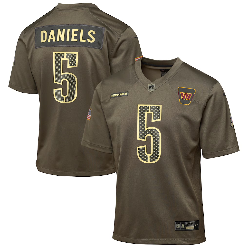 Youth Washington Commanders Jayden Daniels Olive 2025 Salute to Service Game Jersey