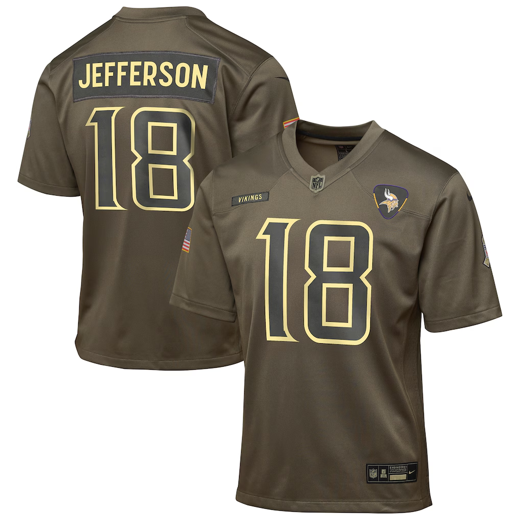 Youth Minnesota Vikings Justin Jefferson Olive 2025 Salute to Service Game Jersey