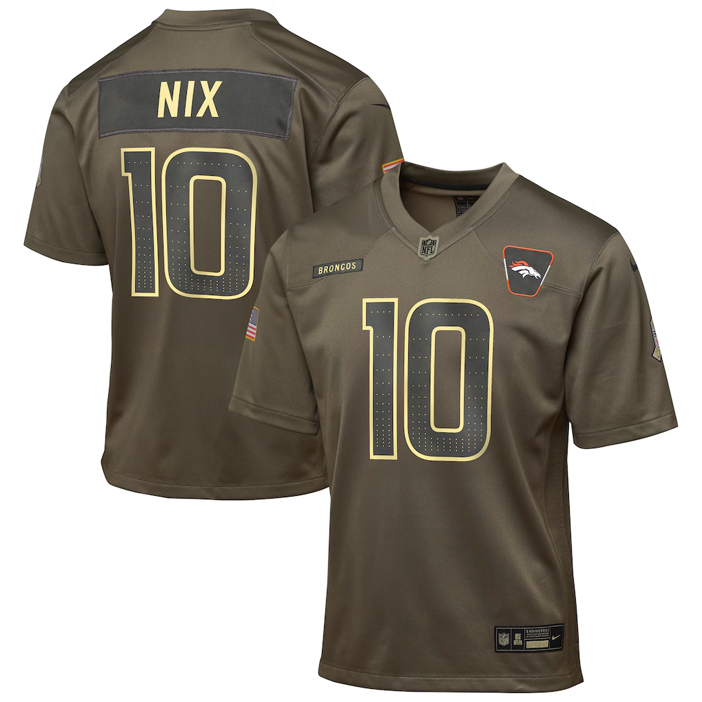 Youth Denver Broncos Bo Nix Olive 2025 Salute to Service Game Jersey