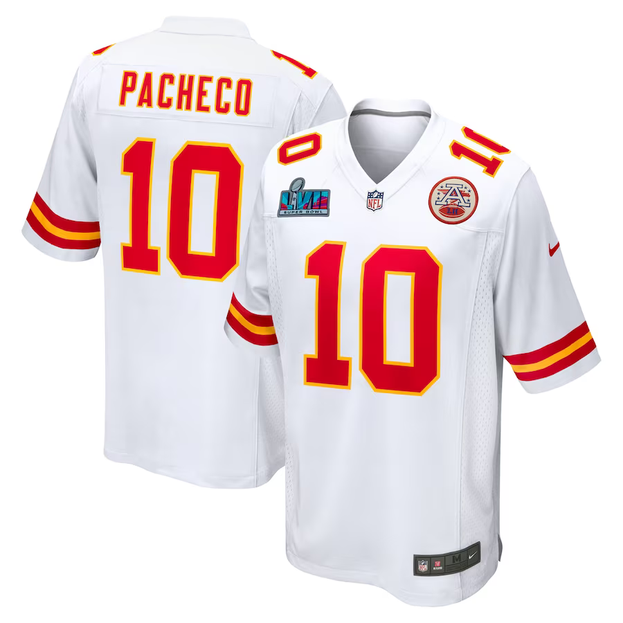 Men's Kansas City Chiefs Isiah Pacheco White Super Bowl LVII Patch Away Game Jersey