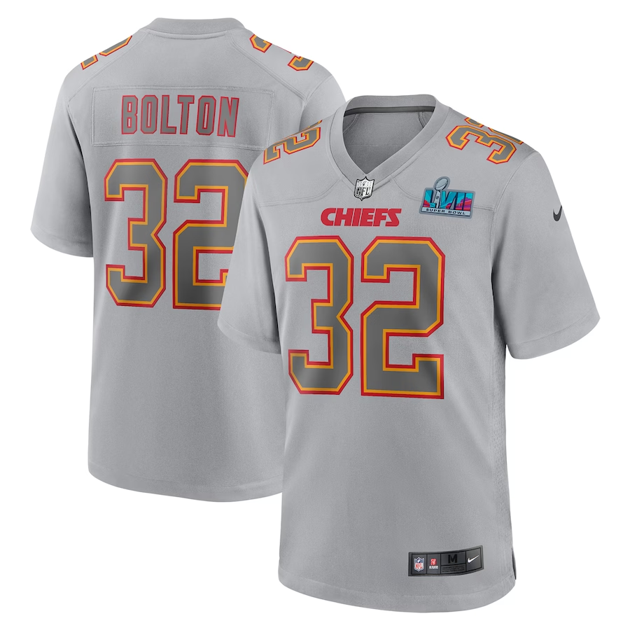 Men's Kansas City Chiefs #32 Bolton Gray Super Bowl LVII Patch Atmosphere Fashion Game Jersey1