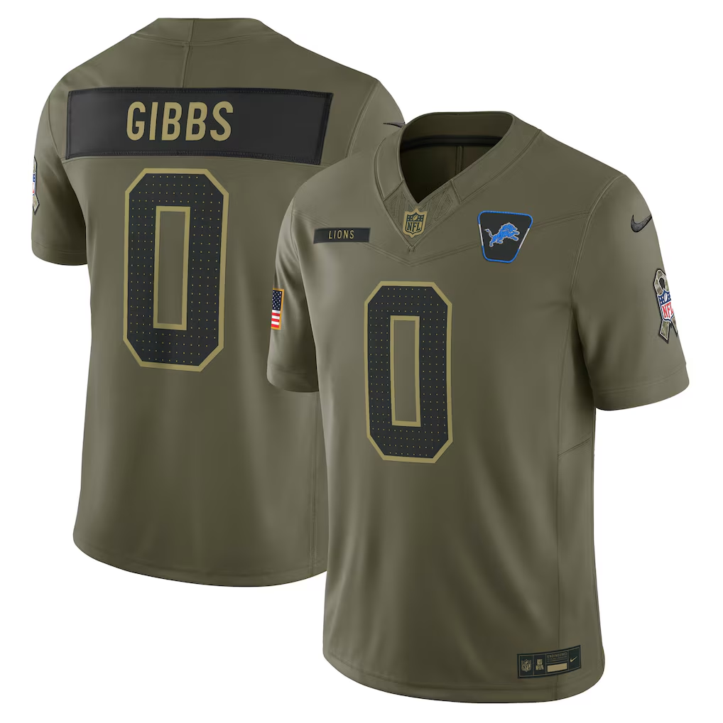 Men's Detroit Lions Jahmyr Gibbs Olive 2025 Salute to Service Limited Jersey