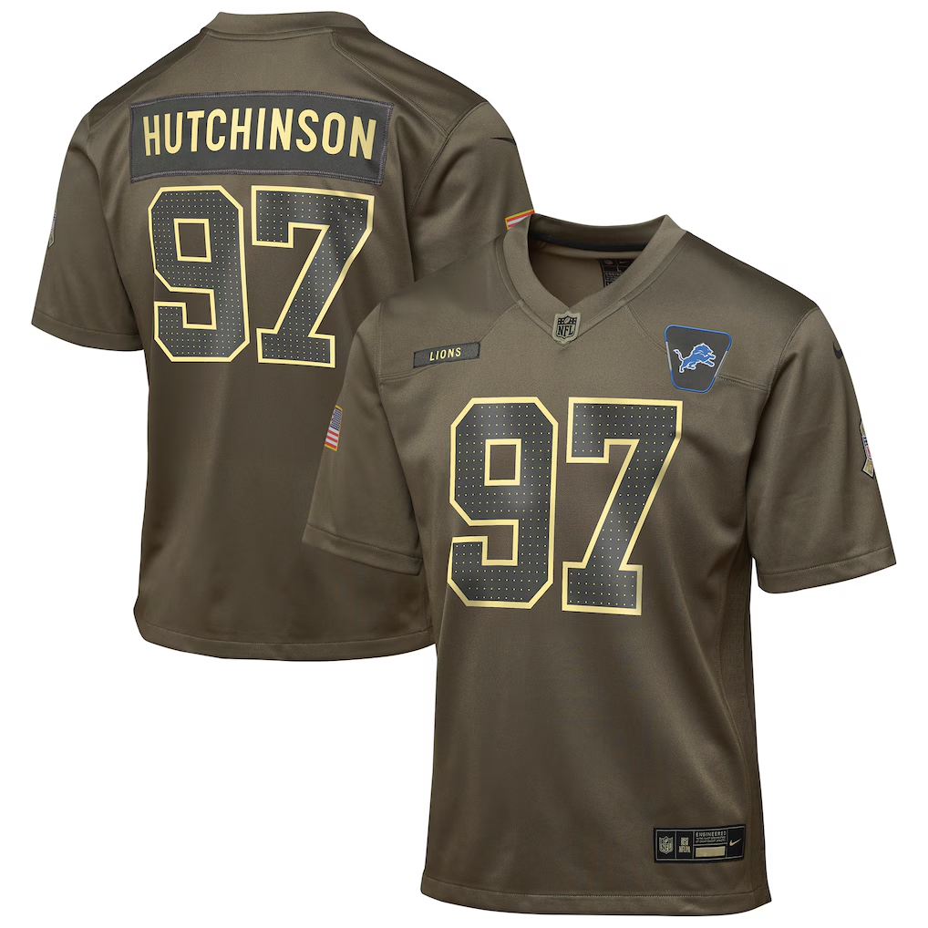 Youth Detroit Lions Aidan Hutchinson Olive 2025 Salute to Service Game Jersey