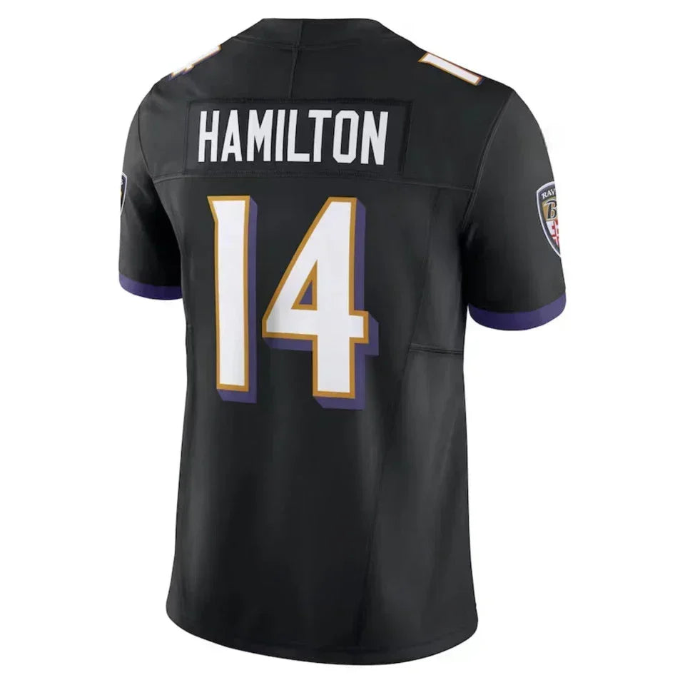 Men's Ravens #14 Kyle Hamilton Purple/Black/White Game Limited Stitched Jersey