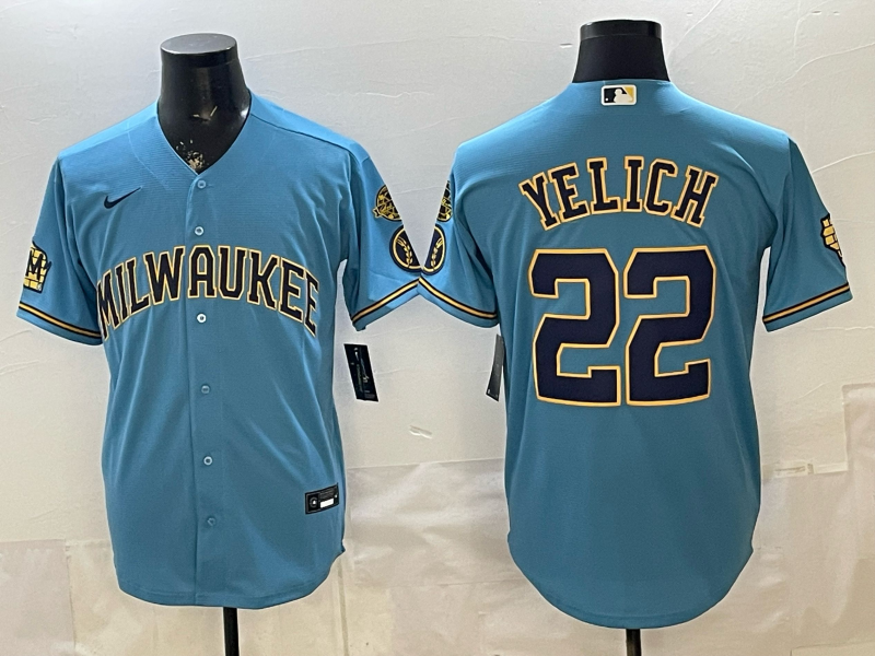 Men's Milwaukee Brewers Christian Yelich #22 Light Blue Road Replica Jersey