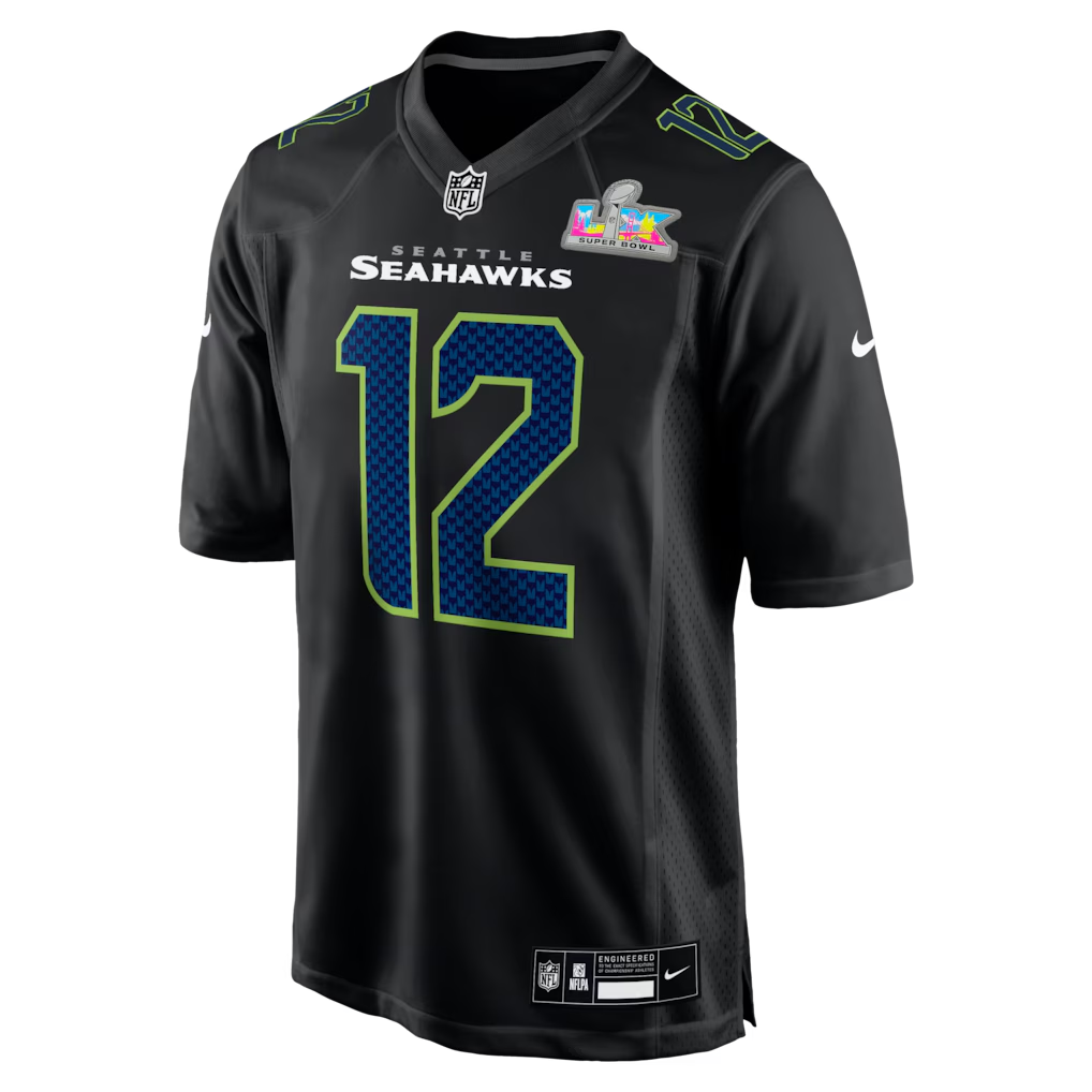 Men's Seattle Seahawks 12s  Black Super Bowl LX Patch Carbon Fashion Game Jersey
