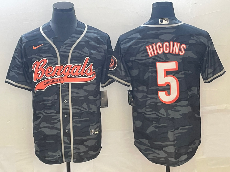 Men's Cincinnati Bengals Tee Higgins Grey Camouflage Fashion Game Jersey