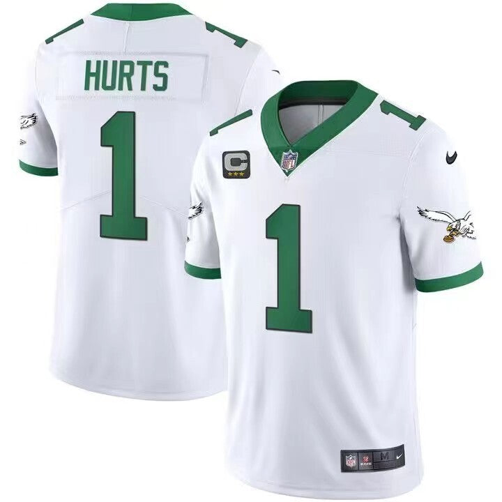 Men's Philadelphia Eagles Jalen Hurts  Jersey-White with green printing-Three-star captain's patch