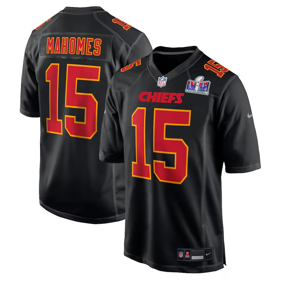 Men's Kansas City Chiefs Patrick Mahomes Black Super Bowl LVIII Carbon Fashion Game Player Jersey