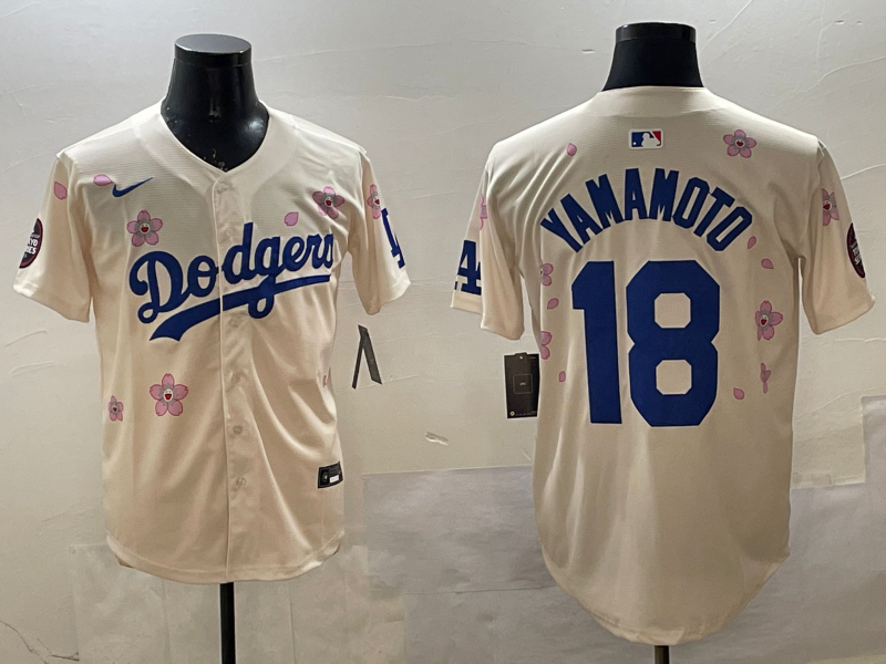 Men's Los Angeles Dodgers Yoshinobu Yamamoto #18 Cream Replica Player Jersey