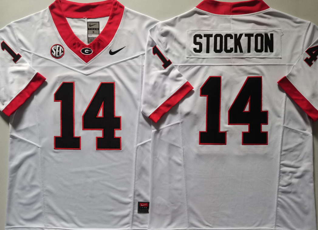Men's Georgia Bulldogs Gunner Stockton #14 White Player Jersey