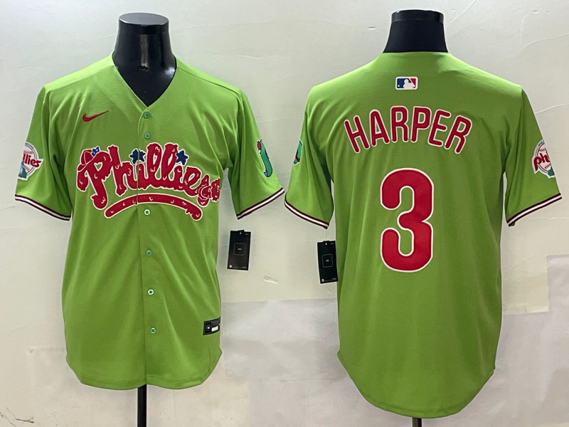 Men's Philadelphia Phillies Bryce Harper #3 Green Game Jersey1