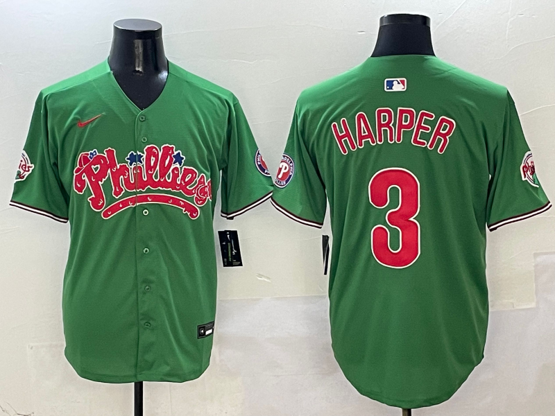 Men's Philadelphia Phillies Bryce Harper #3 Green Player Jersey1