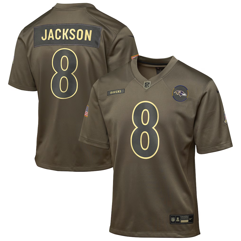 Youth Baltimore Ravens Lamar Jackson  Olive 2025 Salute to Service Game Jersey