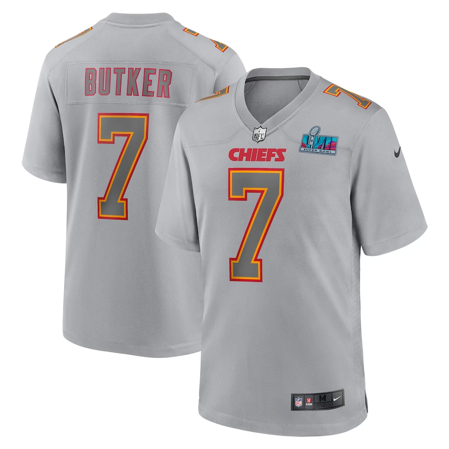 Men's Kansas City Chiefs Harrison Butker Gray Super Bowl LVII Patch Atmosphere Fashion Game Jersey