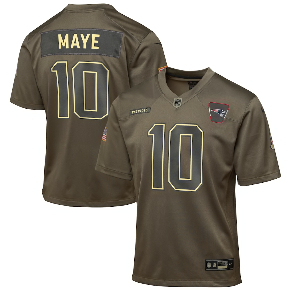 Youth New England Patriots Drake Maye  Olive 2025 Salute to Service Game Jersey