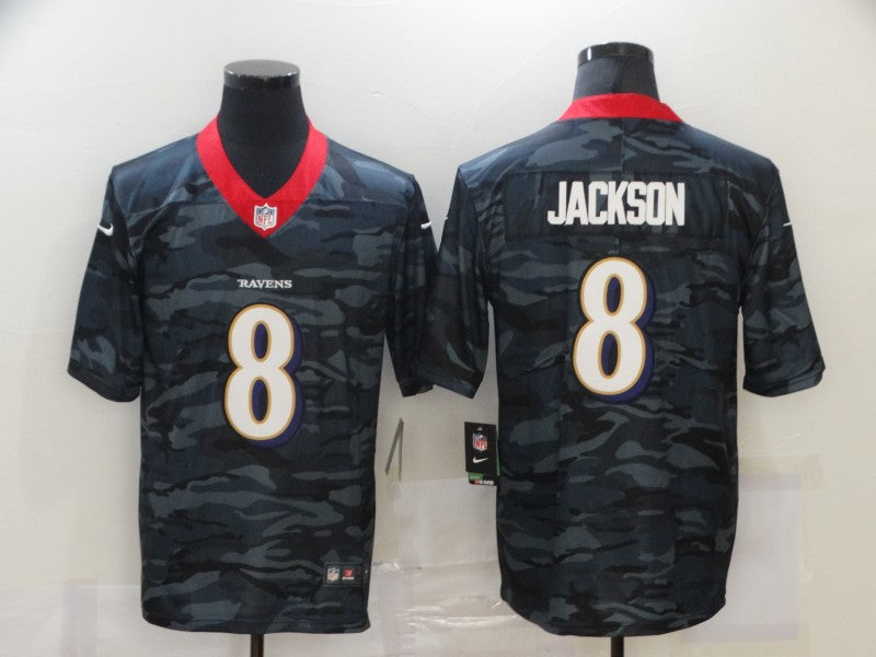 Men's Baltimore Ravens Lamar Jackson #8 Gray Camouflage Game Jersey1