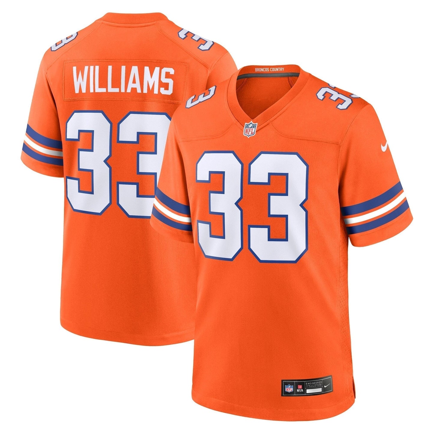 Javonte Williams Denver Broncos  Mile High Collection 1977 Throwback   Game Jersey - Orange