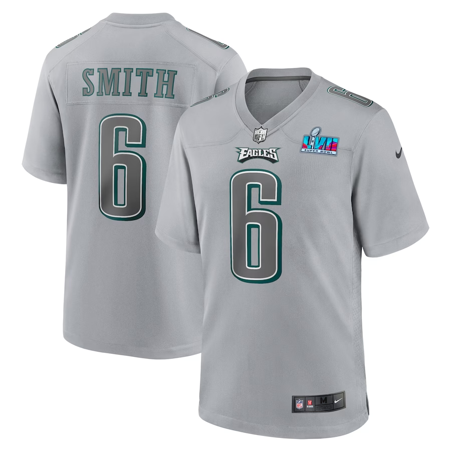 Men's Philadelphia Eagles DeVonta Smith Gray Super Bowl LVII Patch Atmosphere Fashion Game Jersey