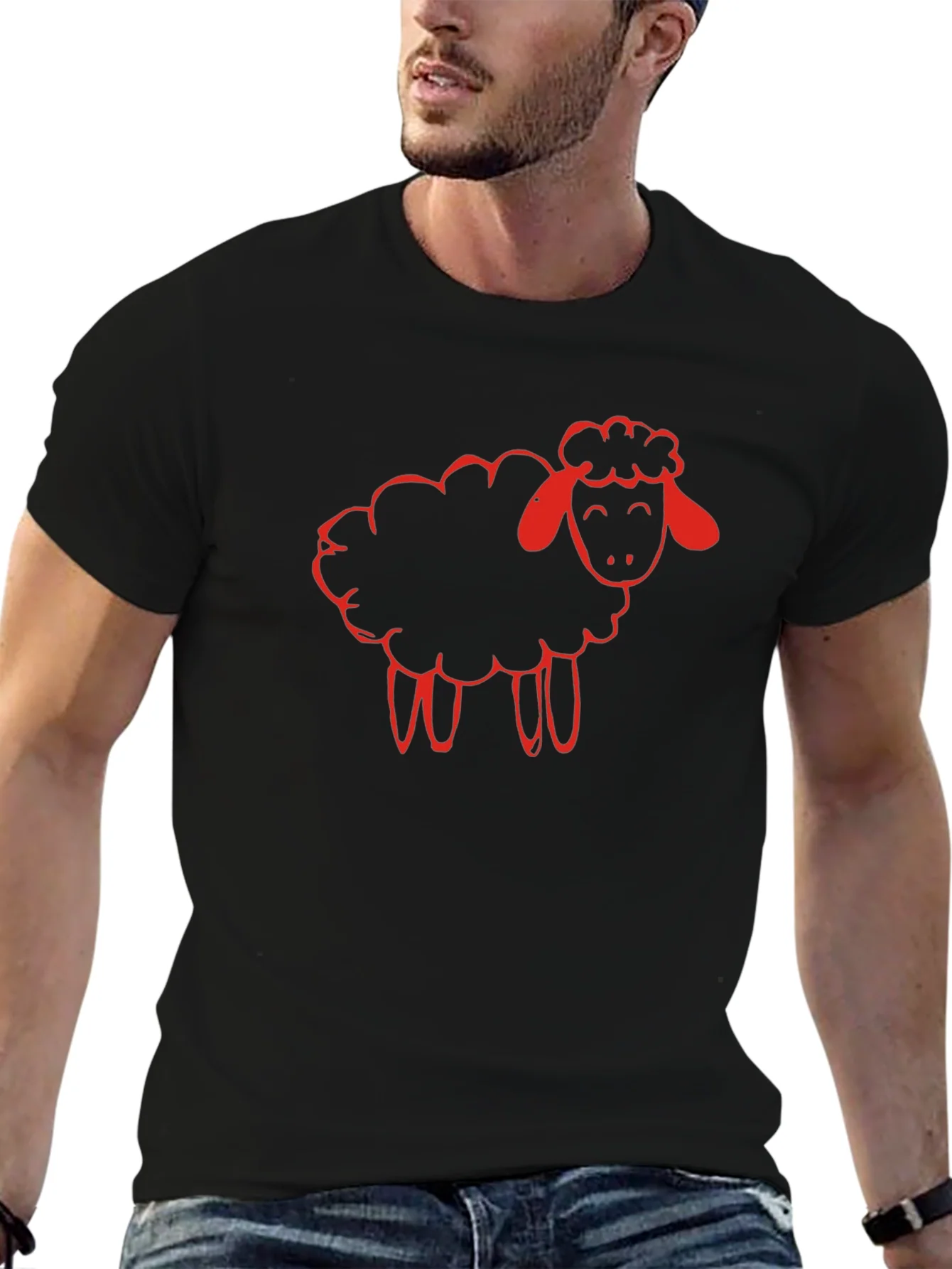 Black T-Shirt with Red Sheep Graphic