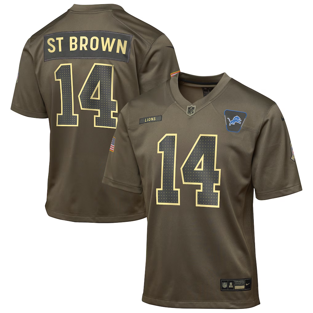 Youth Detroit Lions Amon-Ra St. Brown  Olive 2025 Salute to Service Game Jersey