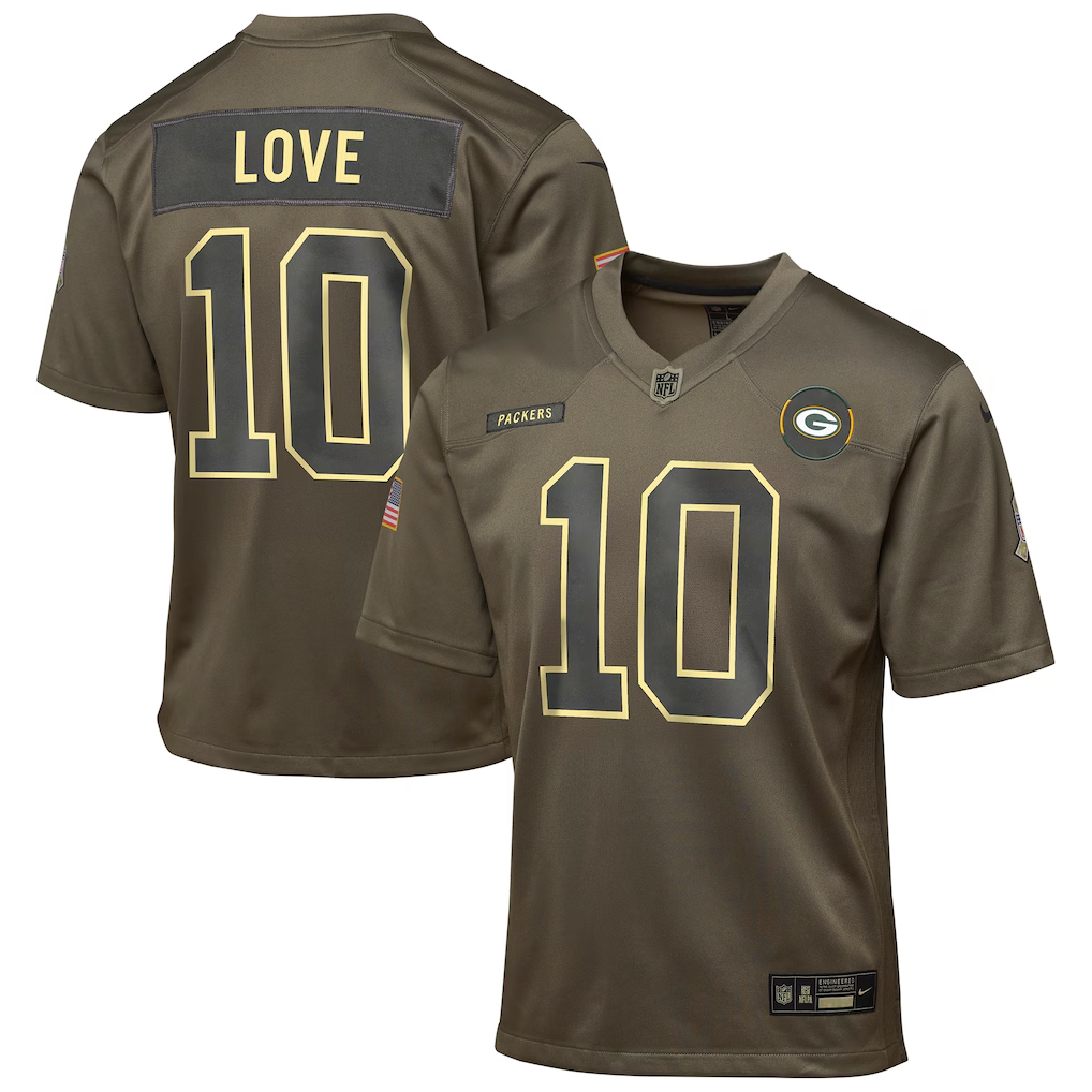 Youth Green Bay Packers Jordan Love  Olive 2025 Salute to Service Game Jersey