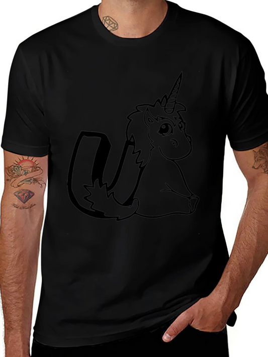 Unicorn Outline Graphic Tee - Black Cotton Blend Casual Shirt