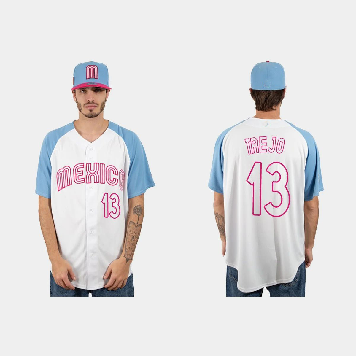 #13 ALAN TREJO MEXICO BASEBALL 2023 WORLD BASEBALL CLASSIC JERSEY C WHITE BLUE Stitches Baseball Jerseys