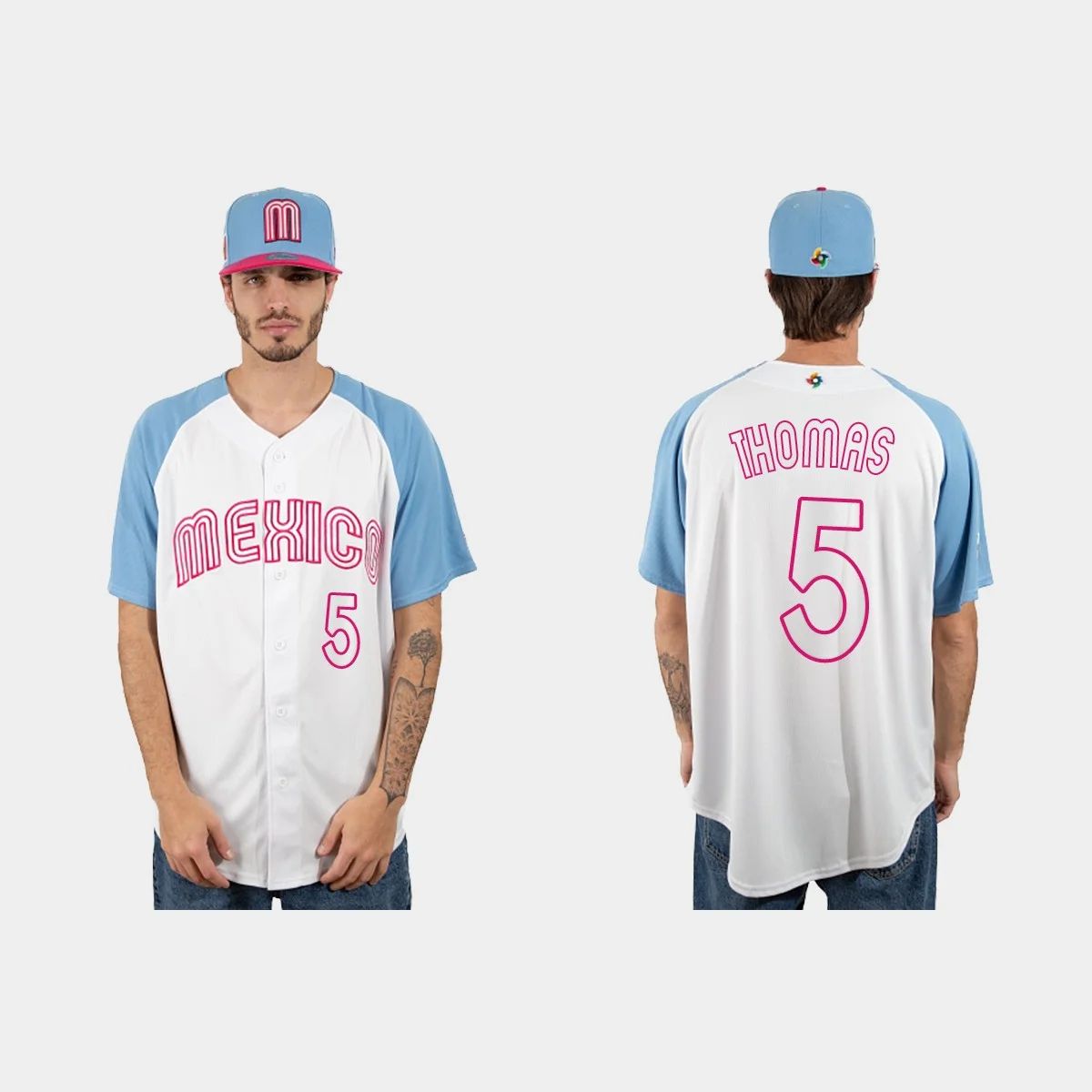 #5 ALEK THOMAS MEXICO BASEBALL 2023 WORLD BASEBALL CLASSIC JERSEY C WHITE BLUE Stitches Baseball Jerseys