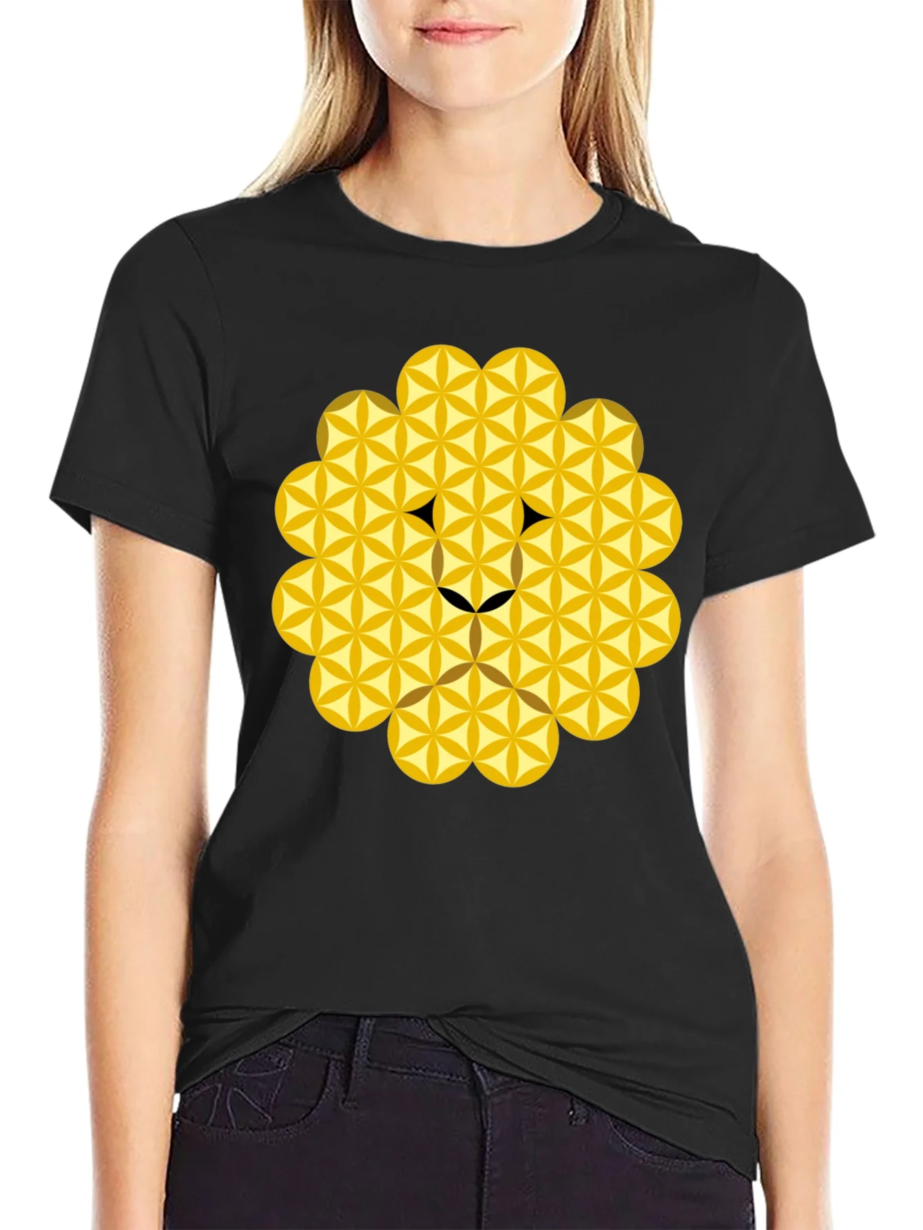 Geometric Flower of Life Lion Head Black T-Shirt