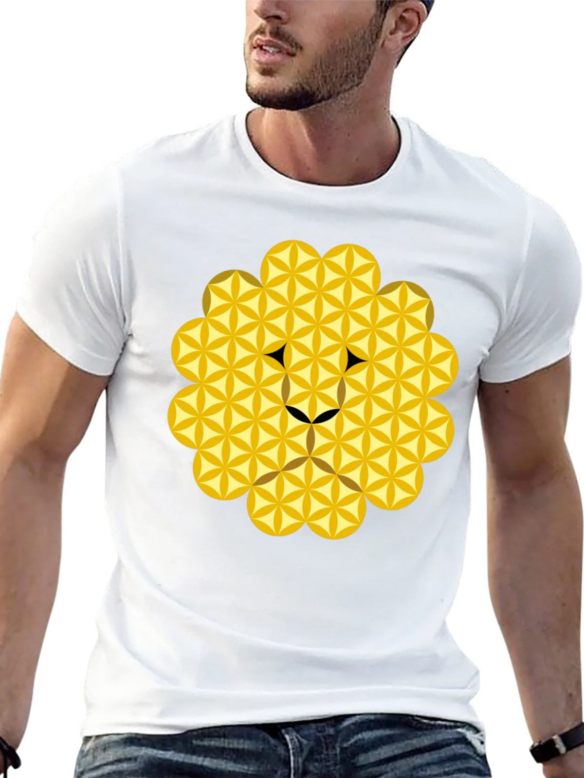 Geometric Flower of Life Lion Head Black T-Shirt