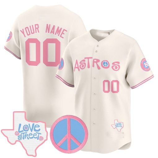 Custom Houston Astros Love Street & Peace Sign Patch Bubblegum Pink Vapor Premier Limited C All Stitched Baseball Jersey