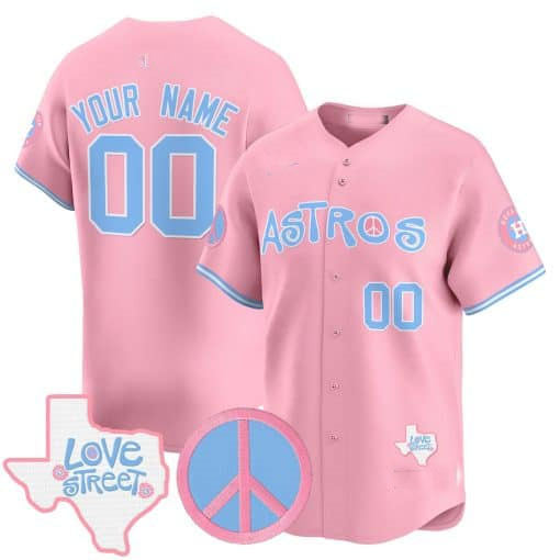 Custom Houston Astros Love Street & Peace Sign Patch Bubblegum Pink Vapor Premier Limited C All Stitched Baseball Jersey