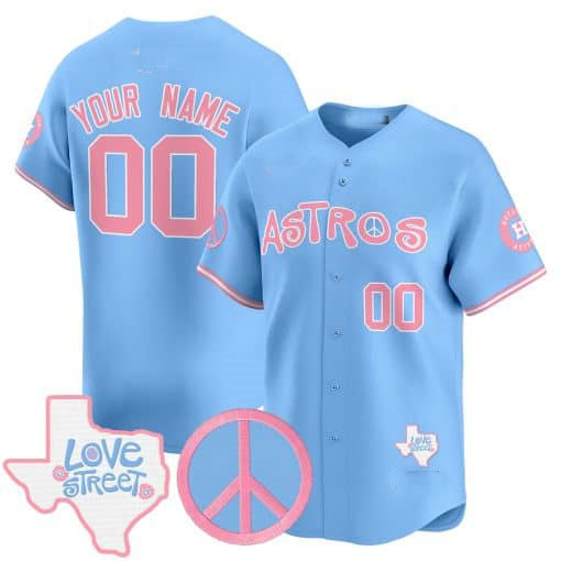Custom Houston Astros Love Street & Peace Sign Patch Bubblegum Pink Vapor Premier Limited C All Stitched Baseball Jersey