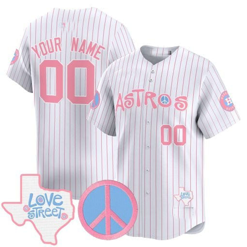 Custom Houston Astros Love Street & Peace Sign Patch Bubblegum Pink Vapor Premier Limited C All Stitched Baseball Jersey