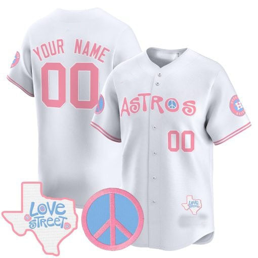 Custom Houston Astros Love Street & Peace Sign Patch Bubblegum Pink Vapor Premier Limited C All Stitched Baseball Jersey