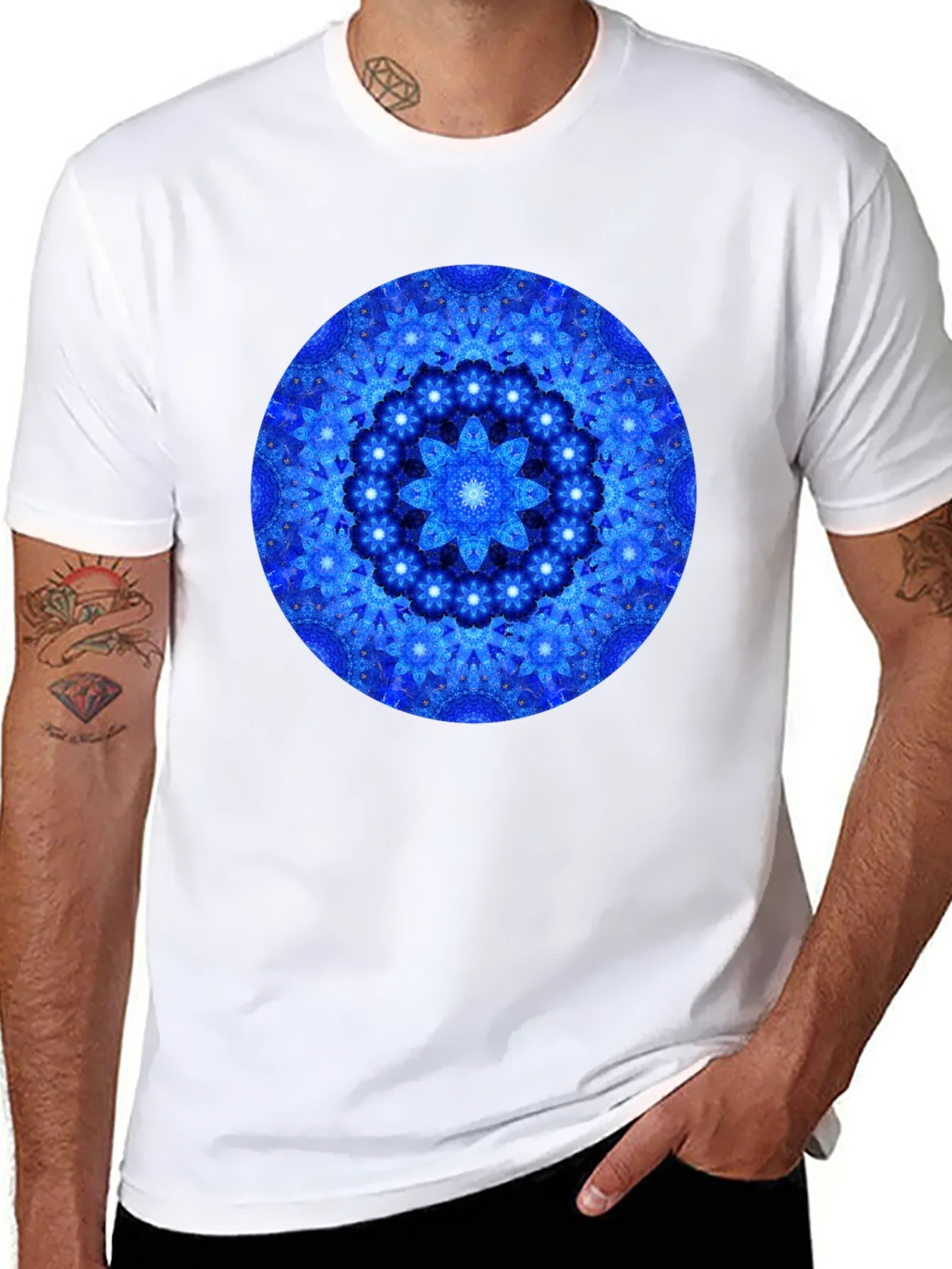 Blue Mandala Graphic Print Black T-Shirt