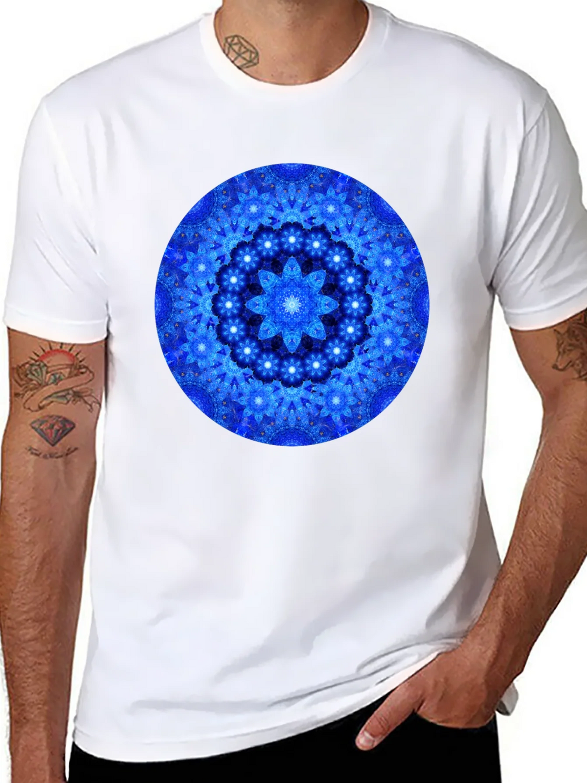 Blue Mandala Graphic Print Black T-Shirt