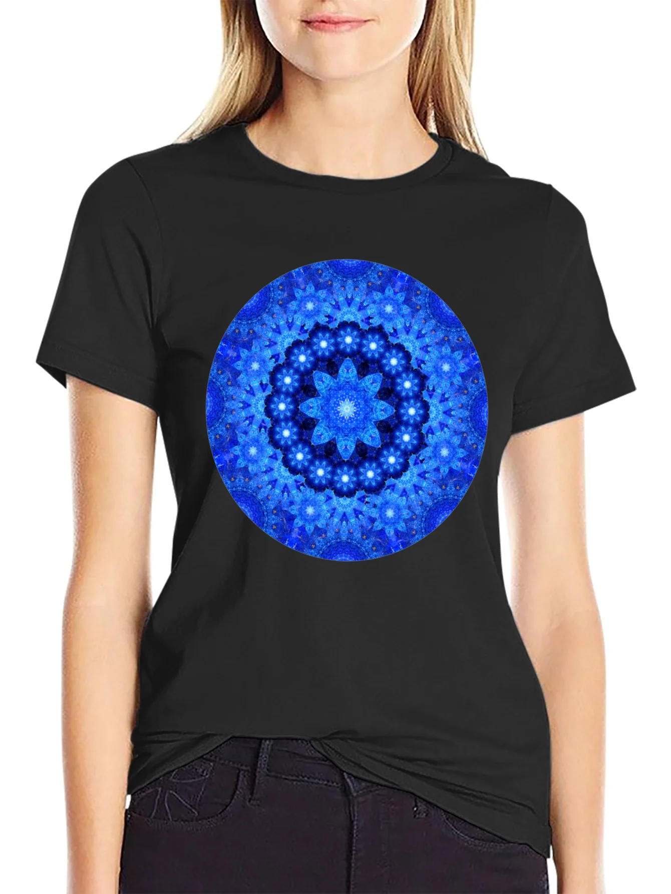 Blue Mandala Graphic Print Black T-Shirt
