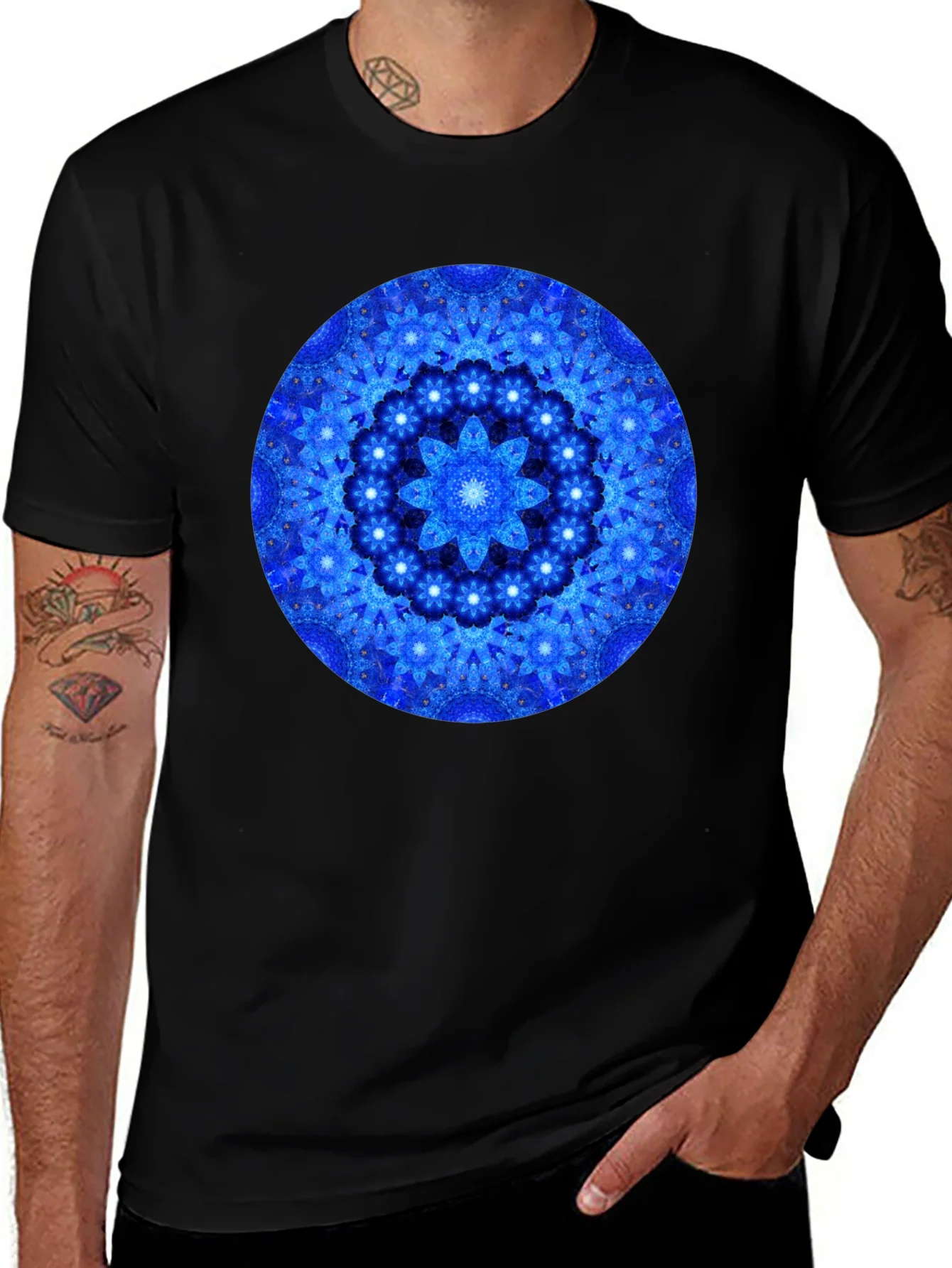 Blue Mandala Graphic Print Black T-Shirt